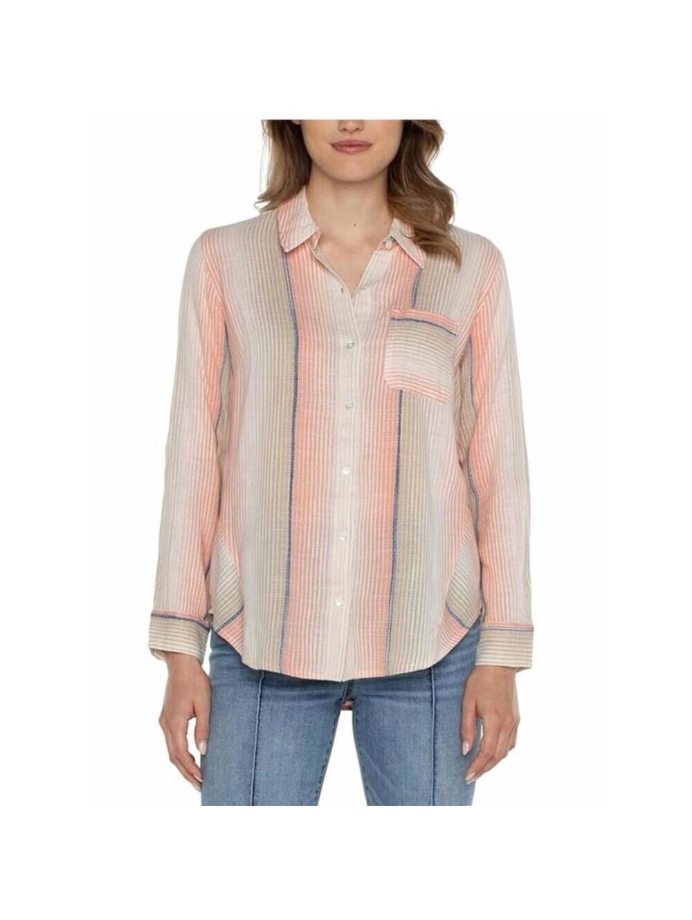 Liverpool Striped Button-Down Shirt in Peach, Cream and Blue